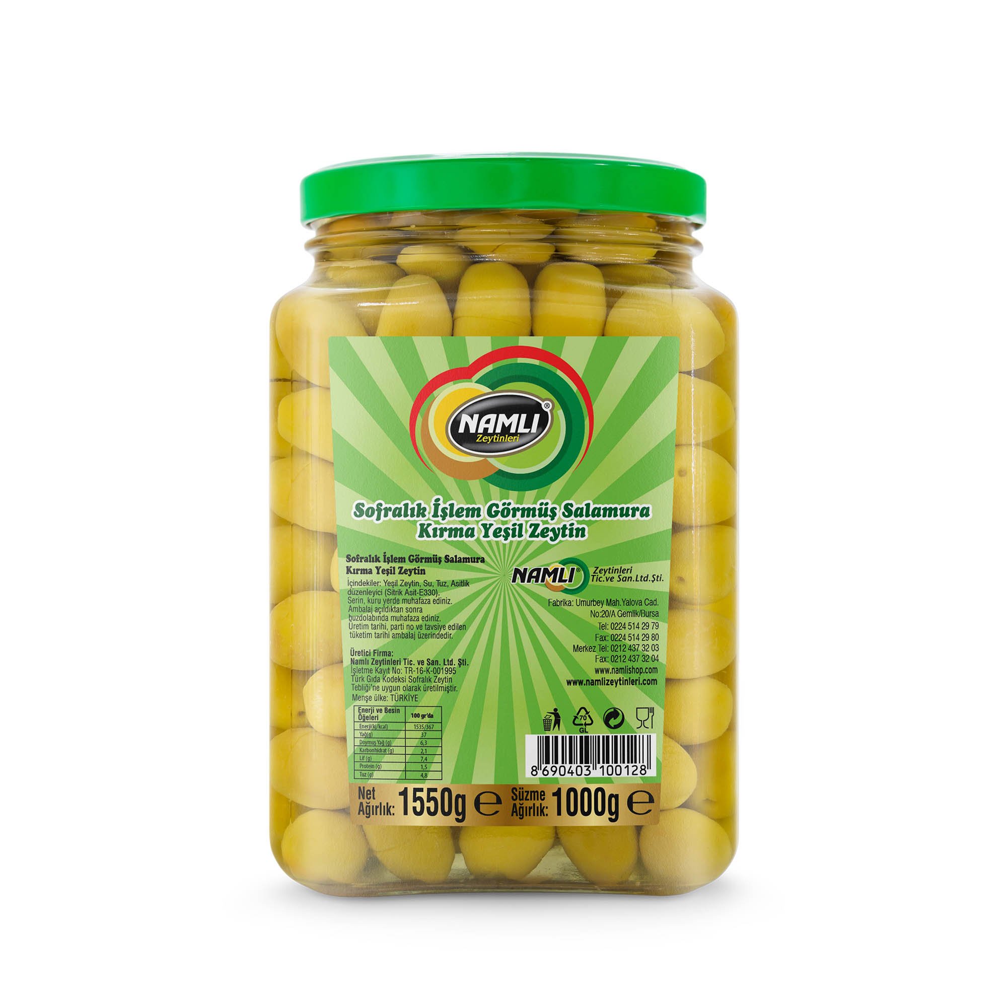 Namlı Zeytinleri Domat Kırma Yeşil Zeytin - 1 Kg