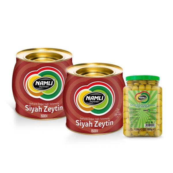 2ADET-1500 gr-Kırmızı Fıçı Salamura Siyah Zeytin + Domat Kırma Yeşil Zeytin