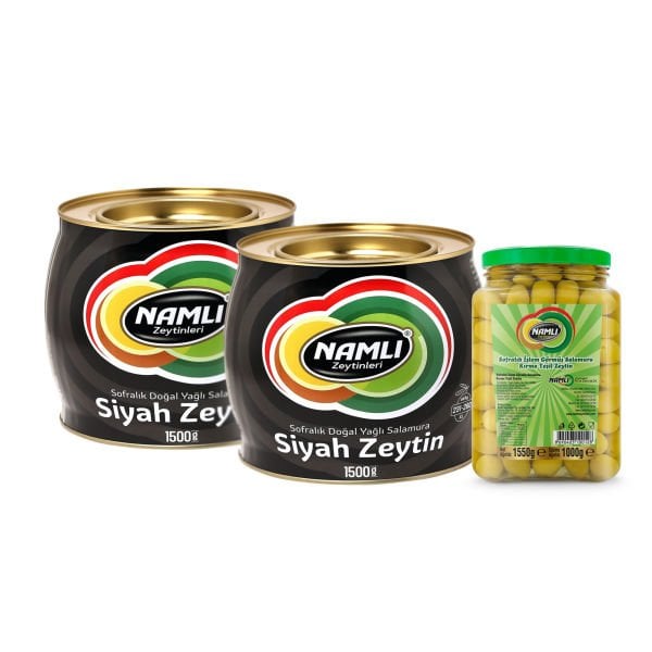 2ADET-1500 gr-Salamura Siyah Zeytin + Domat Kırma Yeşil Zeytin