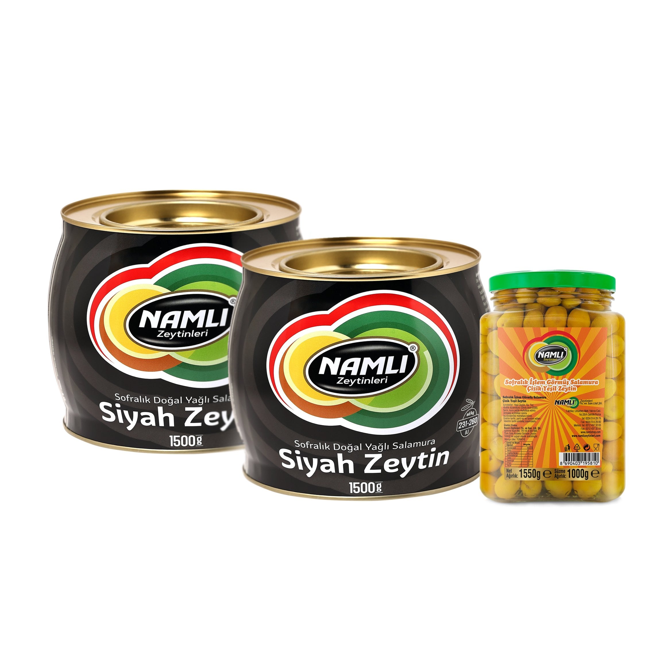 2ADET-1500 gr-Siyah Fıçı Salamura Siyah Zeytin + Edremit Çizik Yeşil Zeytin -1500 gr