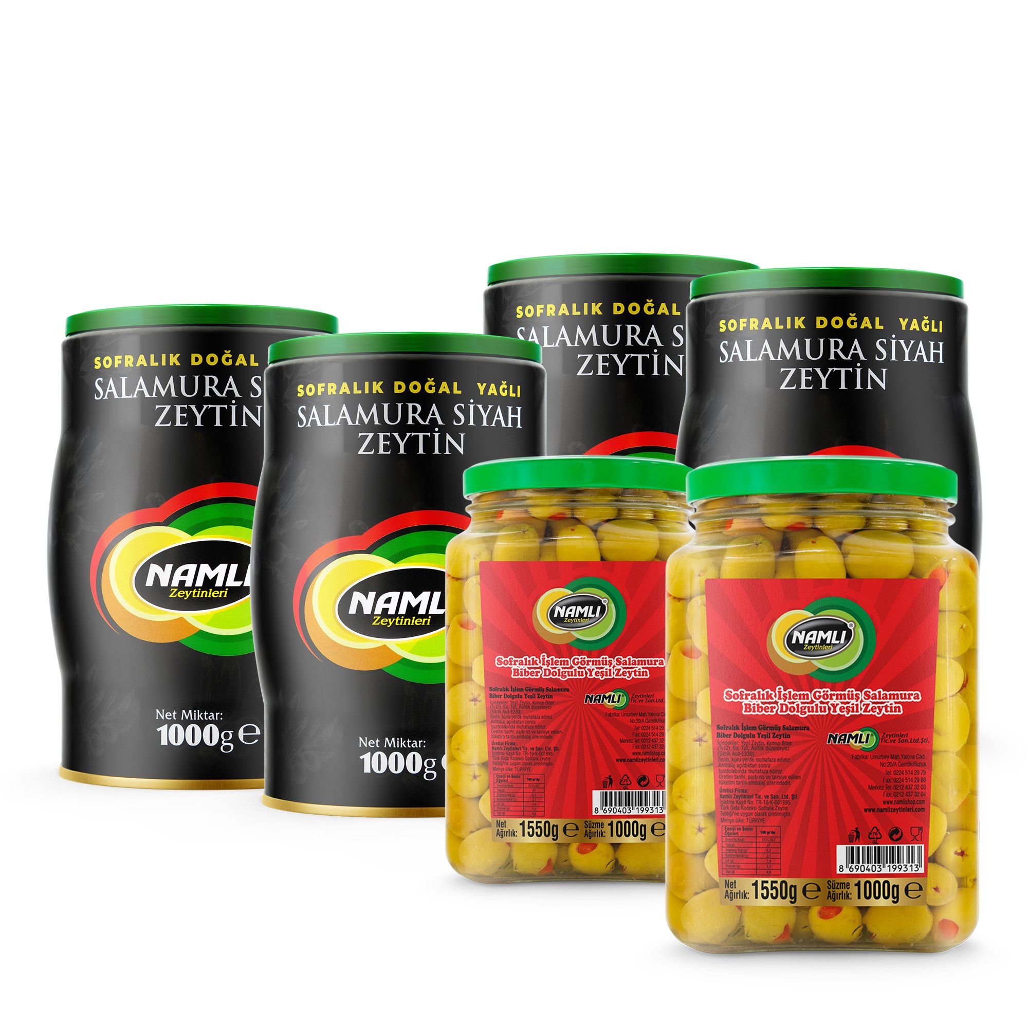 4x Özel Üretim Gemlik Siyah Zeytin - 1 Kg + 2 x Biber Dolgulu Yeşil Zeytin -1 Kg