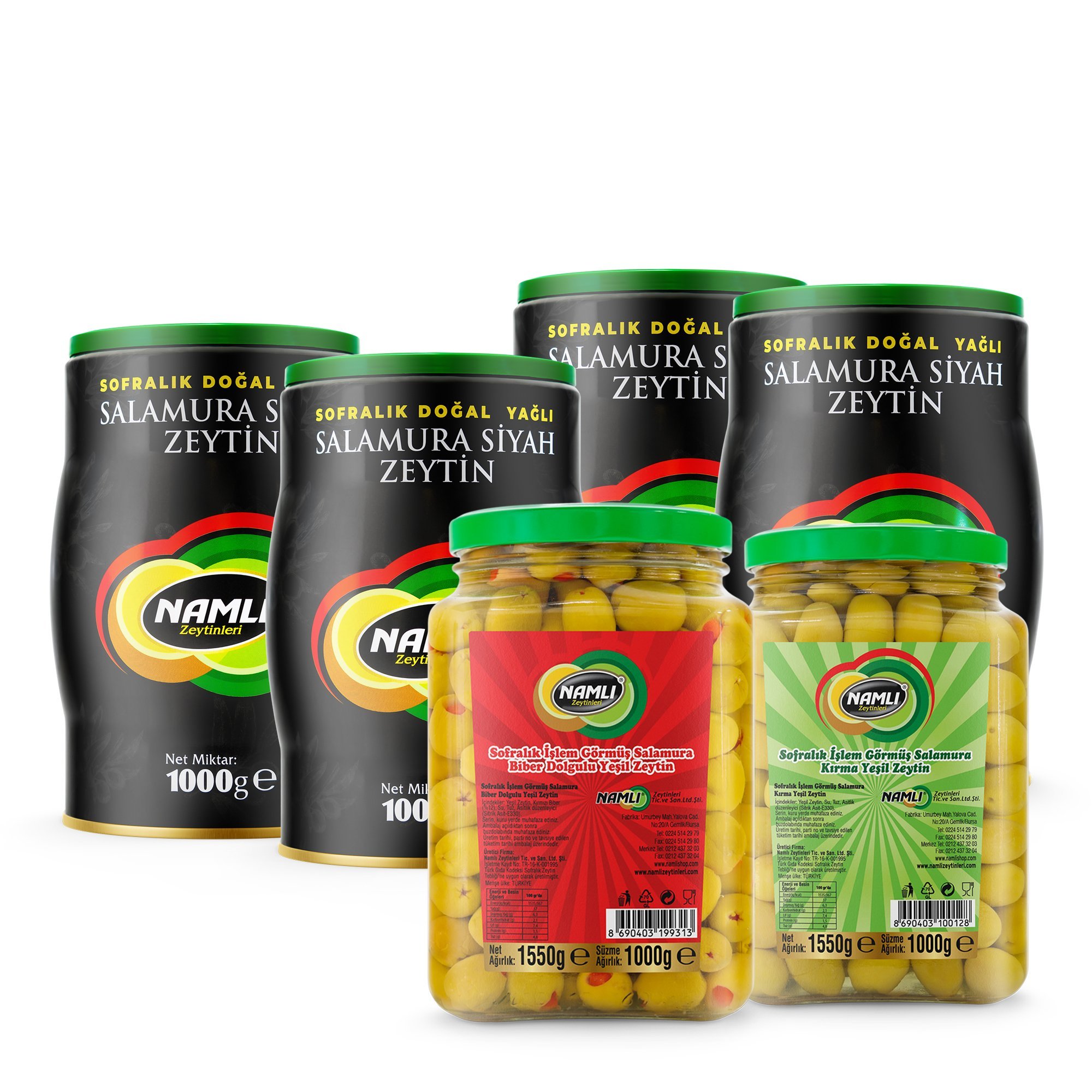 4x Özel Üretim Gemlik Siyah Zeytin - 1 Kg + Biber Dolgulu+ Domat Kırma  Yeşil Zeytin -1 Kg