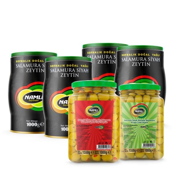 4x Özel Üretim Gemlik Siyah Zeytin - 1 Kg + Biber Dolgulu+ Domat Kırma  Yeşil Zeytin -1 Kg