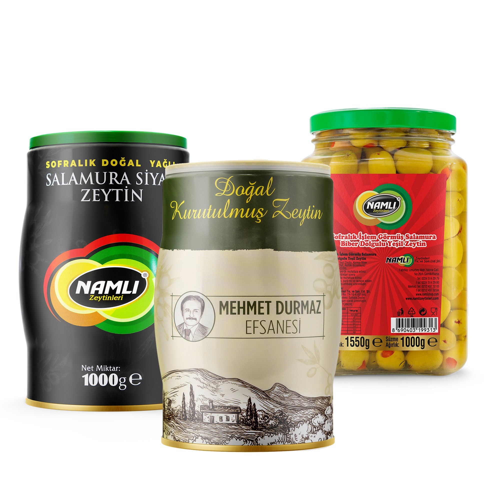 Özel Üretim Gemlik Siyah Zeytin - 1 Kg + Efsane Kuru Sele -1 Kg +Biber DolguluYeşil Zeytin -1 Kg