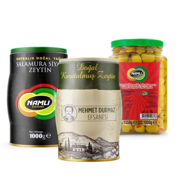 Özel Üretim Gemlik Siyah Zeytin - 1 Kg + Efsane Kuru Sele -1 Kg +Biber DolguluYeşil Zeytin -1 Kg