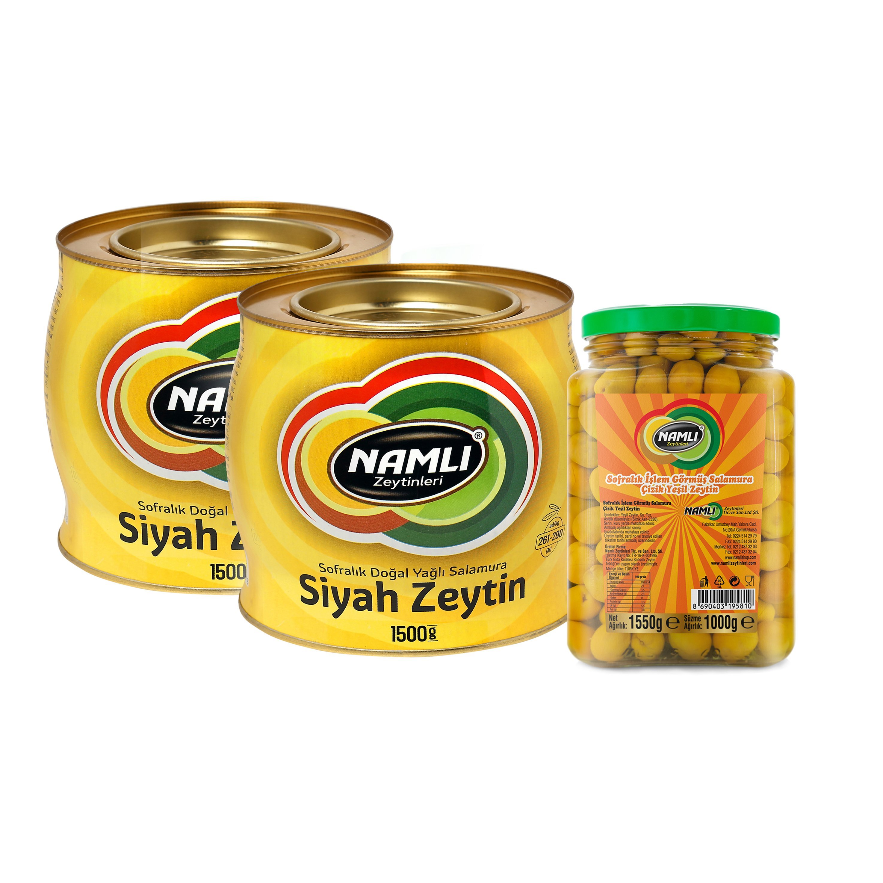 2ADET-1500 gr-Sarı Fıçı Salamura Siyah Zeytin + Edremit Çizik Yeşil Zeytin