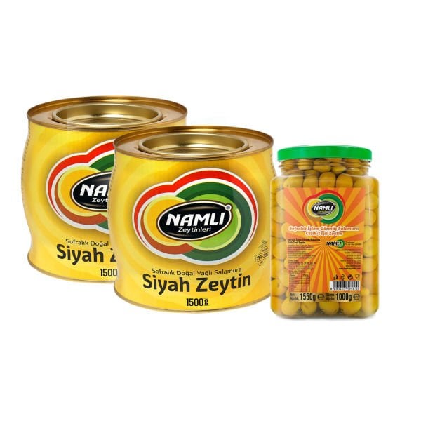 2ADET-1500 gr-Sarı Fıçı Salamura Siyah Zeytin + Edremit Çizik Yeşil Zeytin